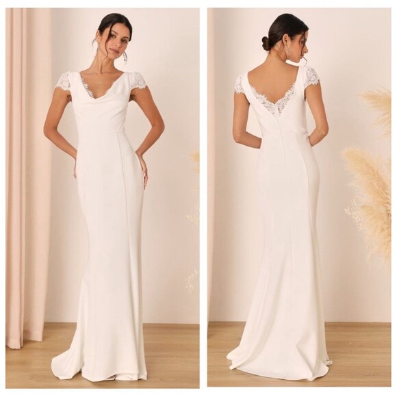 Lulus Forever Beloved White Lace Cap Sleeve Mermaid Maxi Dress Size 2X Bridal - Picture 1 of 9